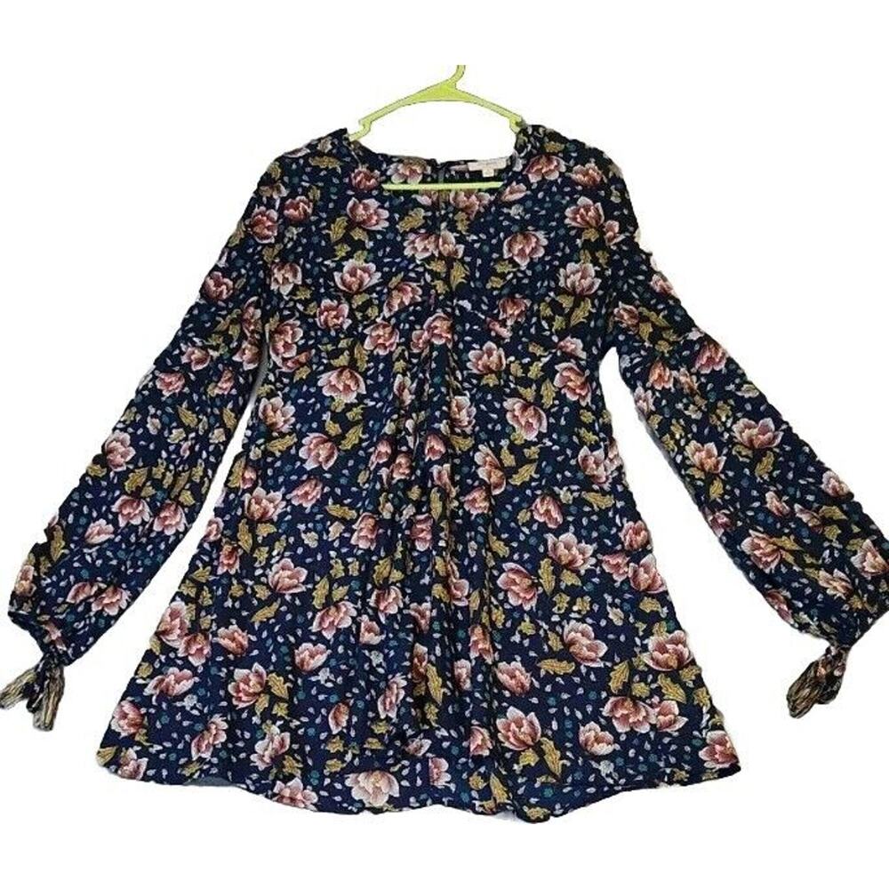 UMGEE USA Navy Blue Floral Pattern Empire Waist Long Sleeve Dress Tunic Tassel S